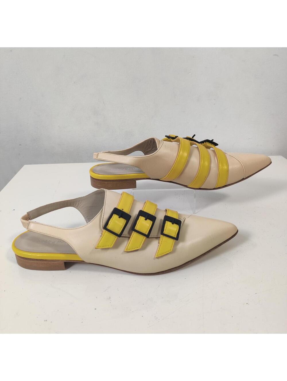 Maison Bedard Leather Pointed Toe Slingback Flats Yellow Cream Handmade Size 36